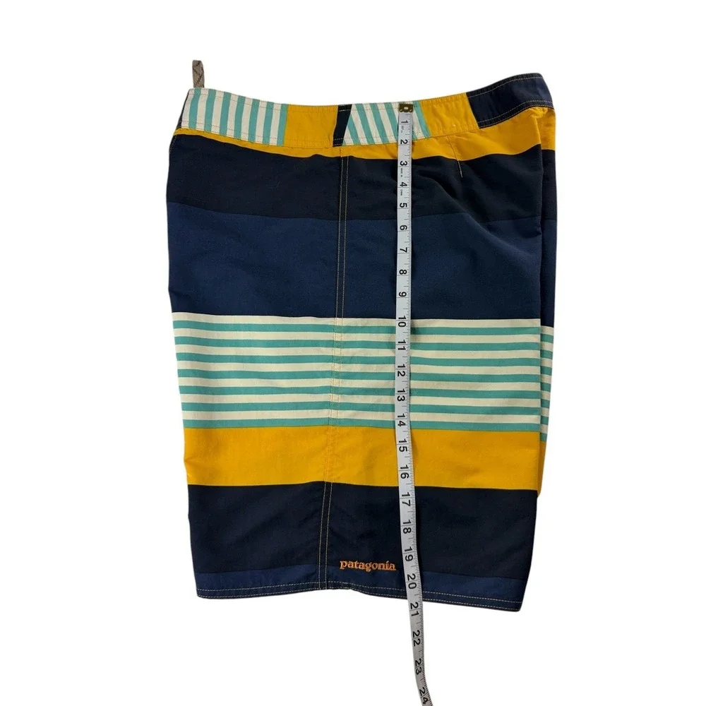 Patagonia Mens 34 Board Shorts Blue Yellow Striped Nylon Mesh Lined Swim Trunks